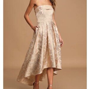 This One Night Cream Floral Jacquard Strapless High-Low Dress with Pockets